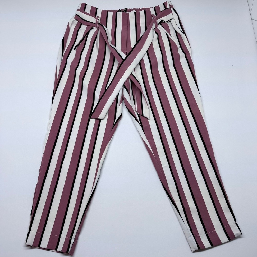 Like an Angel Mauve White Black Striped Tie Waist Tapered Pants Plus Size 1X